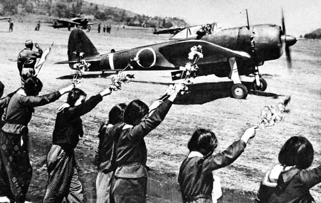 High School Girls Wave Goodbye to Kamikaze Pilot, Japan, April 1945