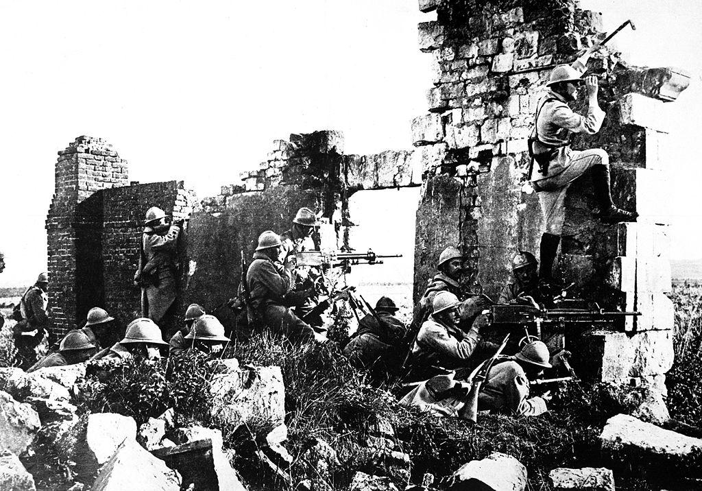 French Troops Station Machine Guns Within the Ruins of a Cathedral, Western Front, World War I