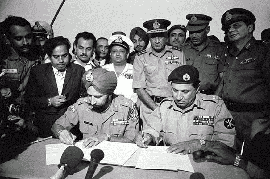 Pakistani General Niazi Signs Surrender to Indian Forces Concluding Bangladesh War, 1971