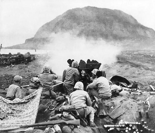 US Artillery Fires on Japanese Fortifications, Battle of Iwo Jima, Japan, 1945