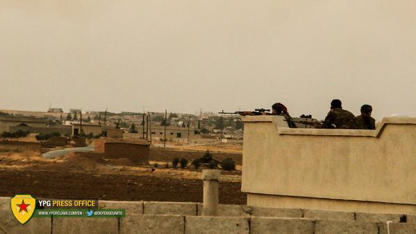 Women's Defense Unit (YPJ) Sniper Team on Roof Near Eastern Entrance of Tel Abayad; Syria, June 2015