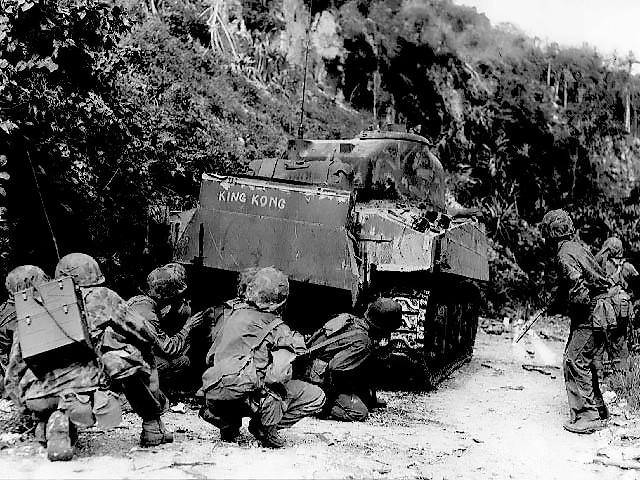 Marines Take Cover Behind Tank, Saipan, Northern Marianas, July 1944