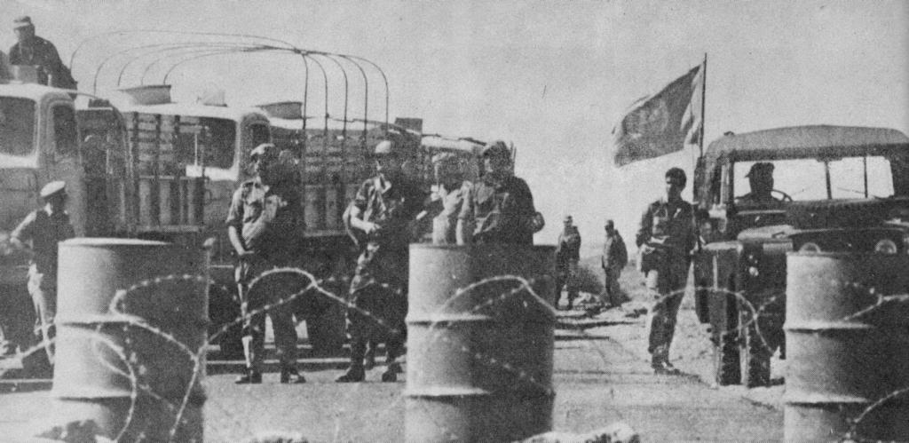 Egyptian trucks cross Suez bridge, Egypt,1973