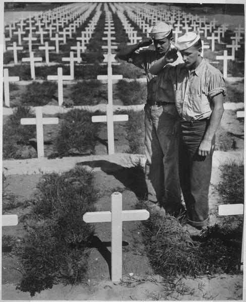 Americans Salute Graves of US Dead, Okinawa, Japan, 1945