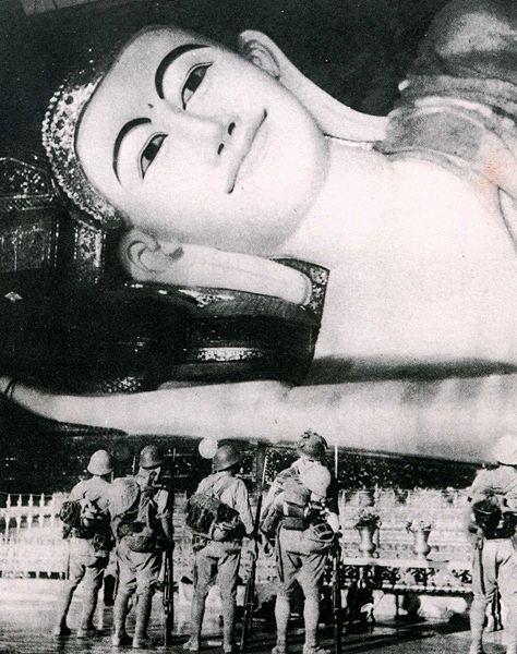 Japanese Troops Before Reclining Buddha of Yangon, Burma, 1942