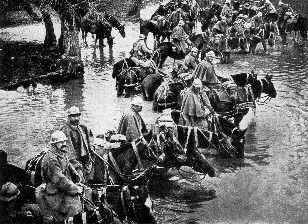 French Reserves Cross a River En Route to Verdun, France, World War I