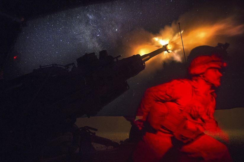 US Marine Fires Howitzer in Support of Syrian Democratic Forces Operation; Syria, June 2017