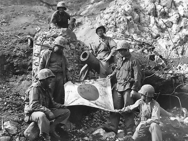 US Troops With Captured Japanese Flag, Iwo Jima, Japan, 1945
