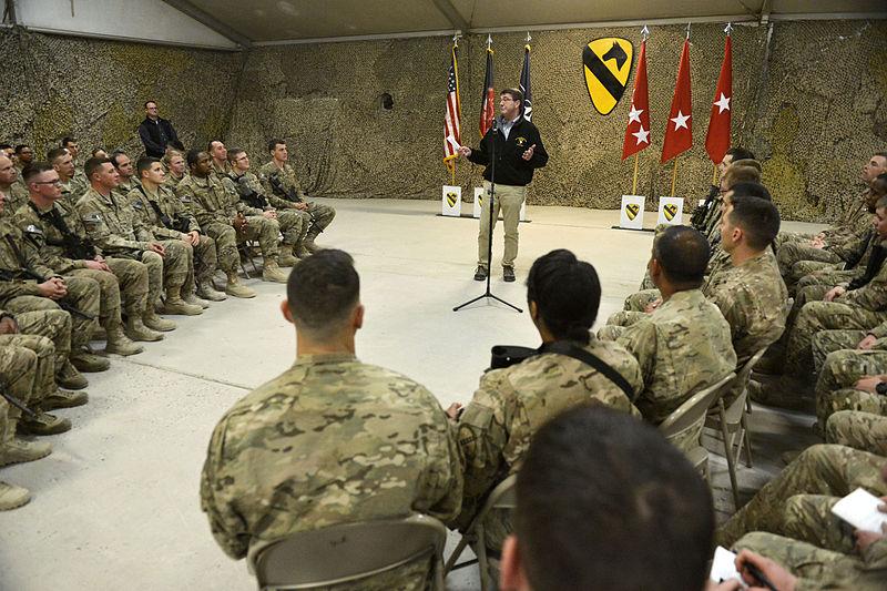 U.S. Defense Secretary Carter talks with troops on Kandahar Airfield, Afghanistan, Feb 2015
