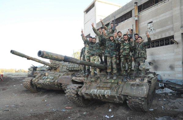 Syrian Arab Army and National Defence Forces Atop T55 Tank; Sheikh Miskin, Syria, Nov 2015