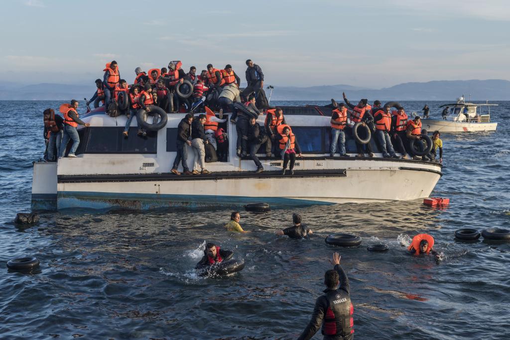 Syrians and Iraq refugees arrive at Skala Sykamias, Lesvos, Greece; Oct 2015
