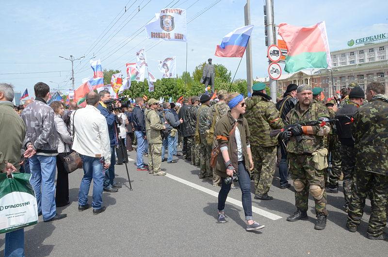 Rebels Hoist Russian & Belarusian Flags for Victory Day, Donetsk, May 2014