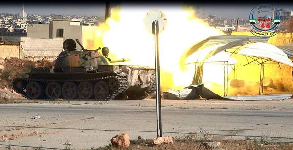 Free Syrian Army Tank of the 46th Division Fires at Syrian Government Forces; Al Zahra District, Ale