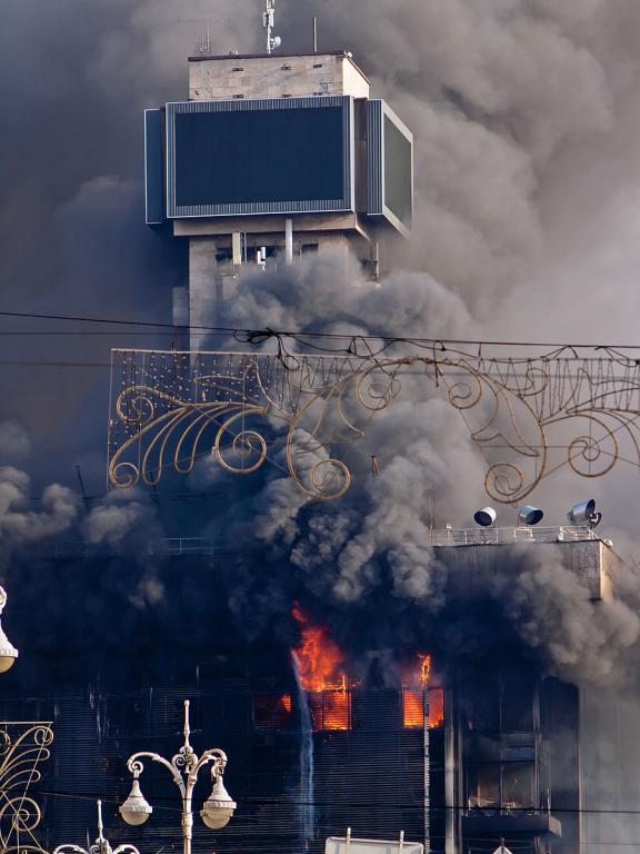 Labor Union House Ablaze during Euromaidan Revolution; Kiev, Ukraine; Feb 2014