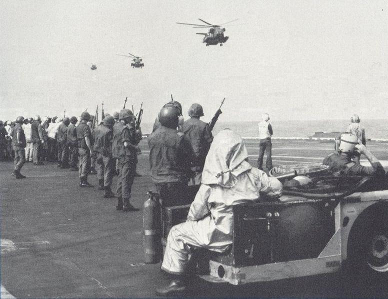 US Helicopters Return to USS Midway Bearing Evacuees, Operation Frequent Wind, April 1975