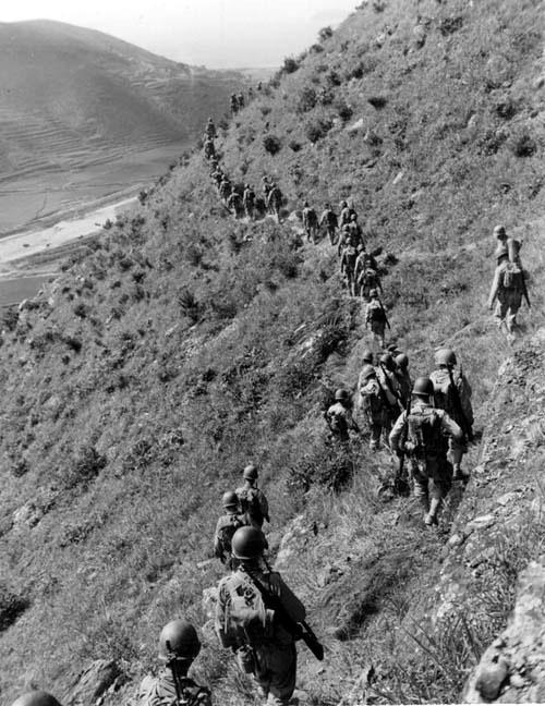 US Marines Move Through Rugged Korean Terrain, Korea, 1952