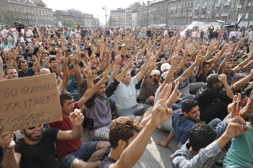 Syrian refugees strike in front of Budapest Keleti railway station; Hungary, Sept. 2015