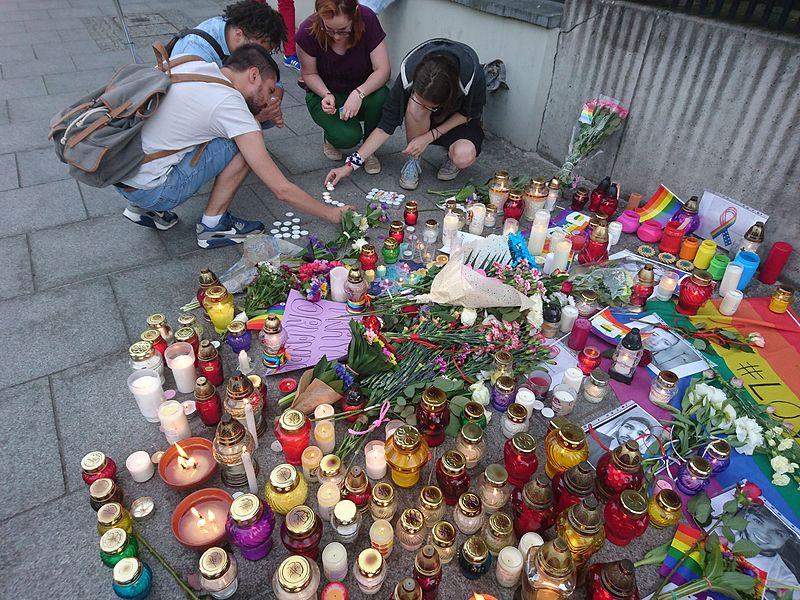 Memorial outside US Embassy in Warsaw in Sympathy with Orlando Shooting Victims; Poland, June 2016