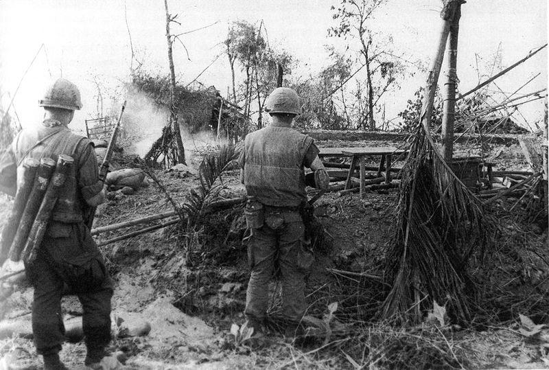US Marines Move Through Ruined Village, Tet Offensive, South Vietnam, 1968