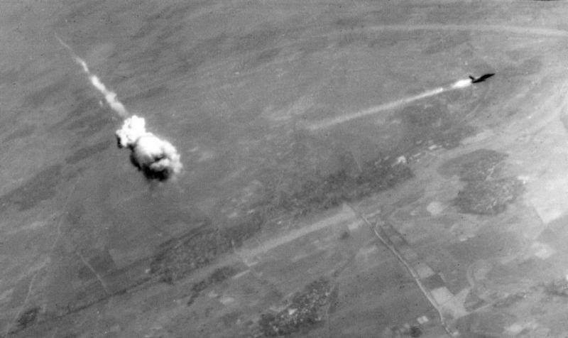 US Bomber Trailing Smoke After Hit by Surface-to-Air Missile, North Vietnam, February 1968