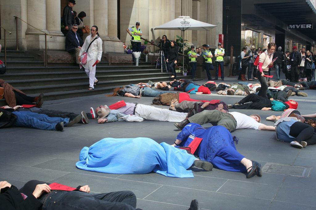 Flashmob die-in protest - Bourke St Mall Melbourne, Australia, 2010