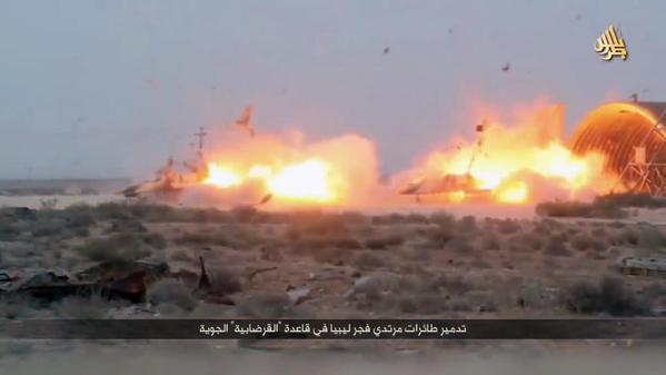 Destruction of 'Fajr Libya' Aircraft at the Al-Qardabiyah Air-Base by ISIS; Sirte, Libya, June 2015